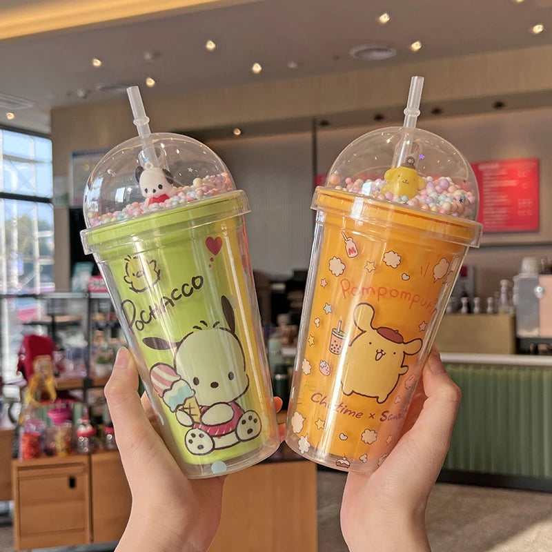Anime Sanrio Water Bottle Hello Kitty Melody Kuromi Cinnamoroll Double-layer Plastic Cup Portable Sports Mug Girl Birthday Gifts