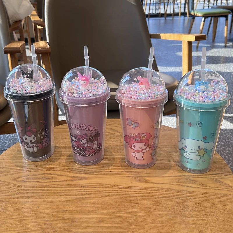Anime Sanrio Water Bottle Hello Kitty Melody Kuromi Cinnamoroll Double-layer Plastic Cup Portable Sports Mug Girl Birthday Gifts