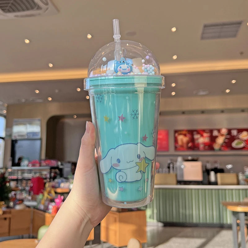 Anime Sanrio Water Bottle Hello Kitty Melody Kuromi Cinnamoroll Double-layer Plastic Cup Portable Sports Mug Girl Birthday Gifts