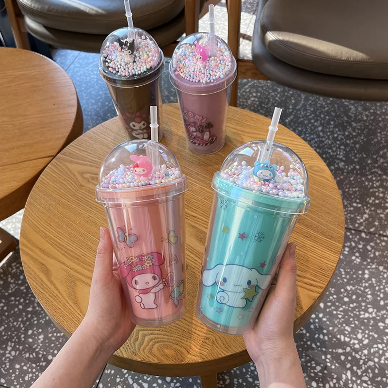Anime Sanrio Water Bottle Hello Kitty Melody Kuromi Cinnamoroll Double-layer Plastic Cup Portable Sports Mug Girl Birthday Gifts