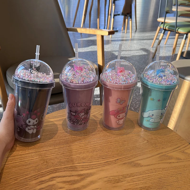 Anime Sanrio Water Bottle Hello Kitty Melody Kuromi Cinnamoroll Double-layer Plastic Cup Portable Sports Mug Girl Birthday Gifts