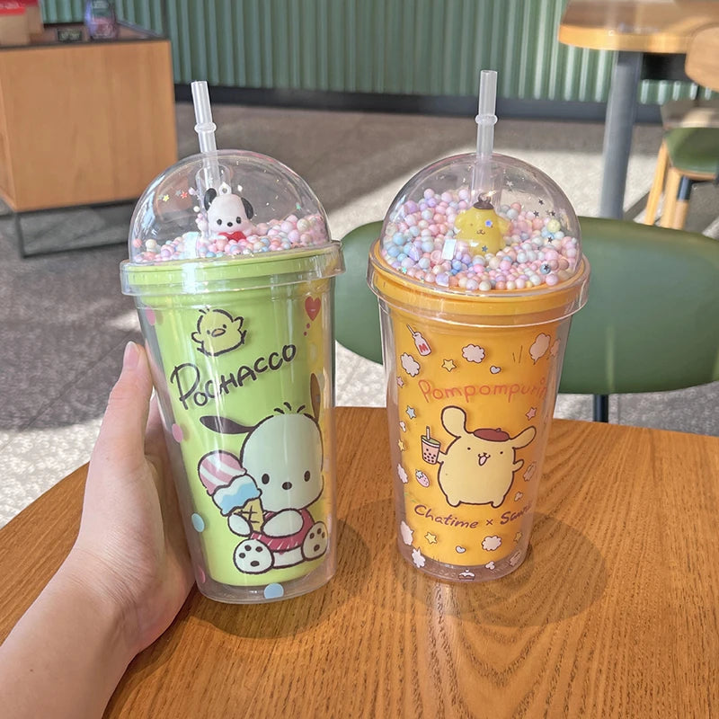 Anime Sanrio Water Bottle Hello Kitty Melody Kuromi Cinnamoroll Double-layer Plastic Cup Portable Sports Mug Girl Birthday Gifts
