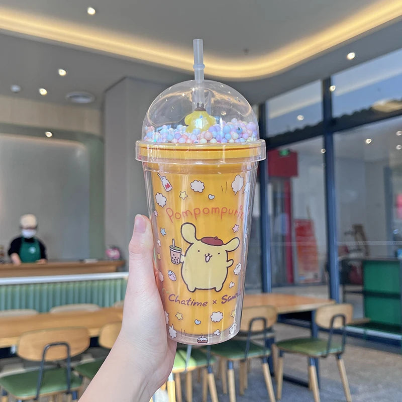 Anime Sanrio Water Bottle Hello Kitty Melody Kuromi Cinnamoroll Double-layer Plastic Cup Portable Sports Mug Girl Birthday Gifts