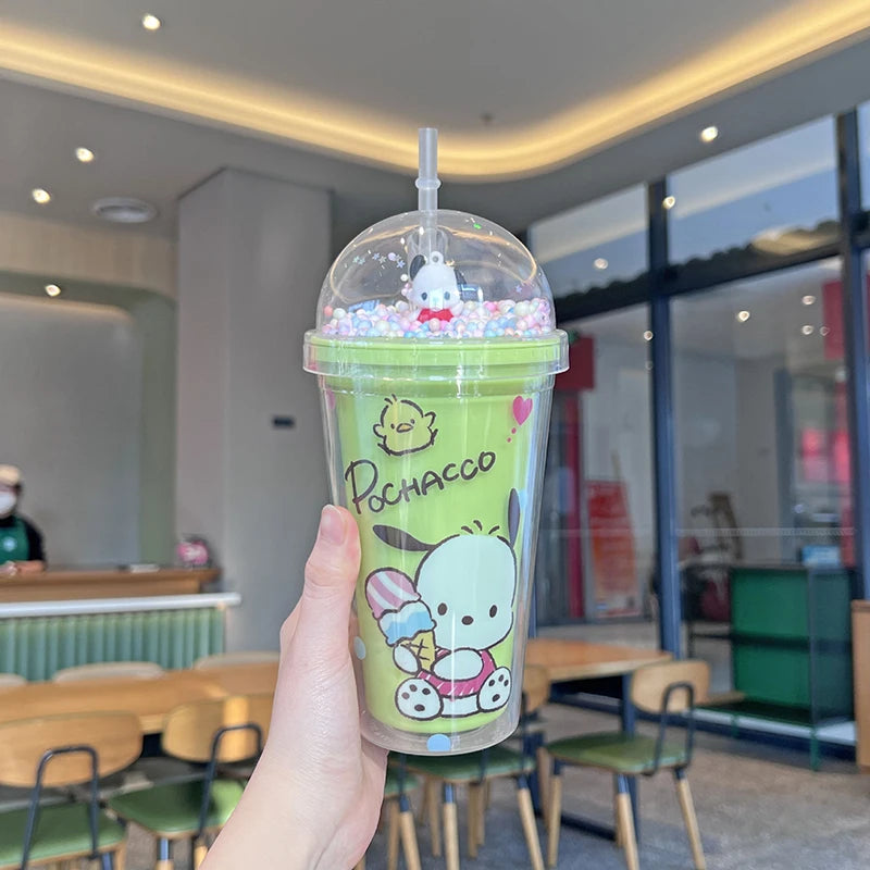 Anime Sanrio Water Bottle Hello Kitty Melody Kuromi Cinnamoroll Double-layer Plastic Cup Portable Sports Mug Girl Birthday Gifts