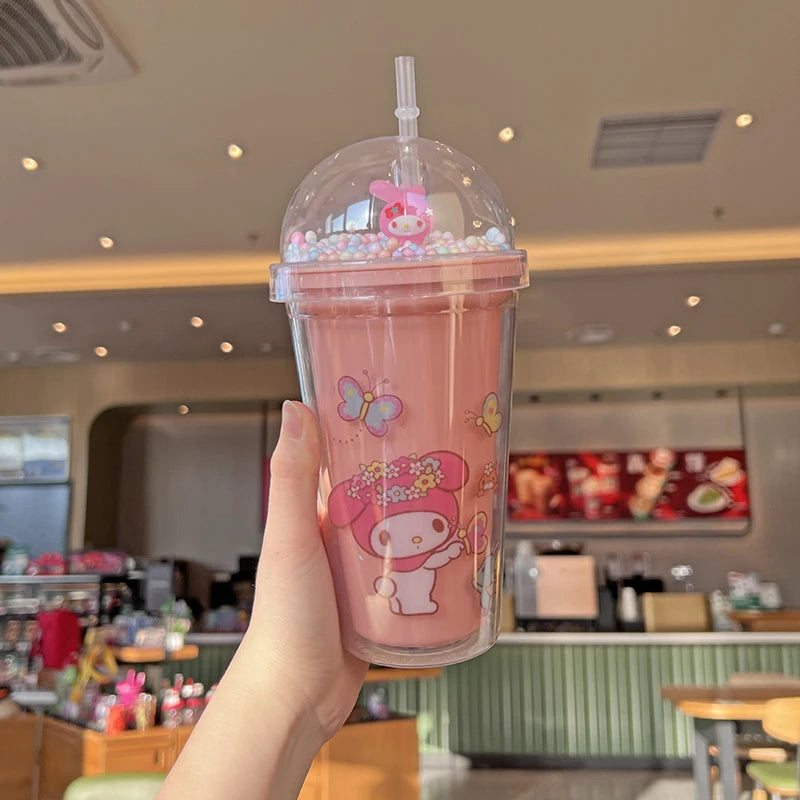 Anime Sanrio Water Bottle Hello Kitty Melody Kuromi Cinnamoroll Double-layer Plastic Cup Portable Sports Mug Girl Birthday Gifts
