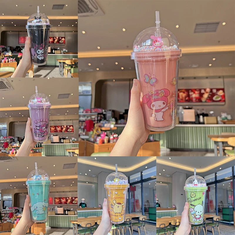 Anime Sanrio Water Bottle Hello Kitty Melody Kuromi Cinnamoroll Double-layer Plastic Cup Portable Sports Mug Girl Birthday Gifts